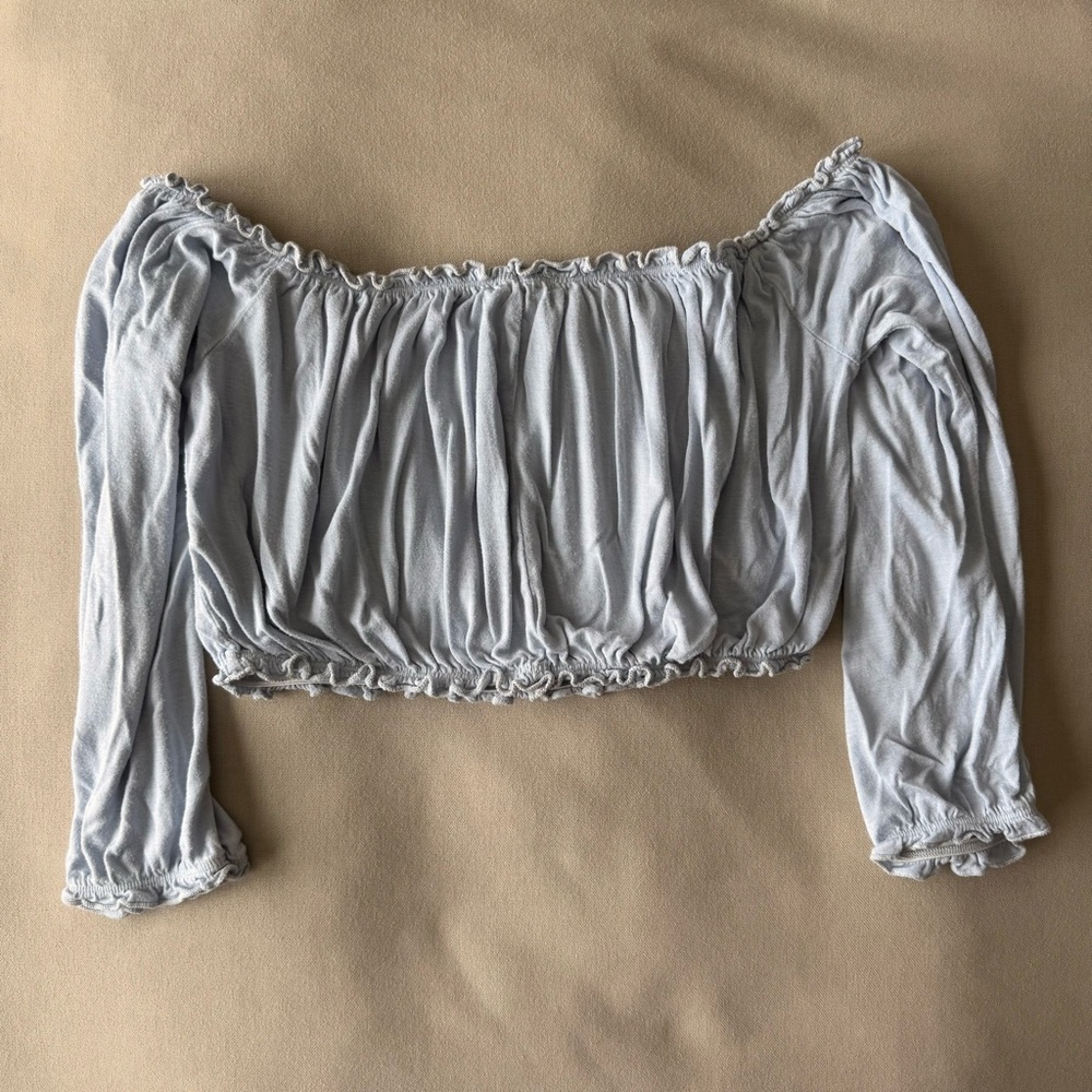 Light Blue Off-Shoulder Ruffle Crop Top - Picture 2 of 2